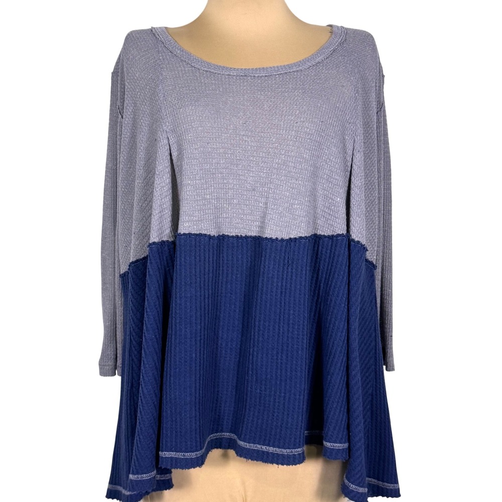 We The Free Latte Blues‎ Thermal Long Sleeve Waffle Knit Medium Swing Top READ